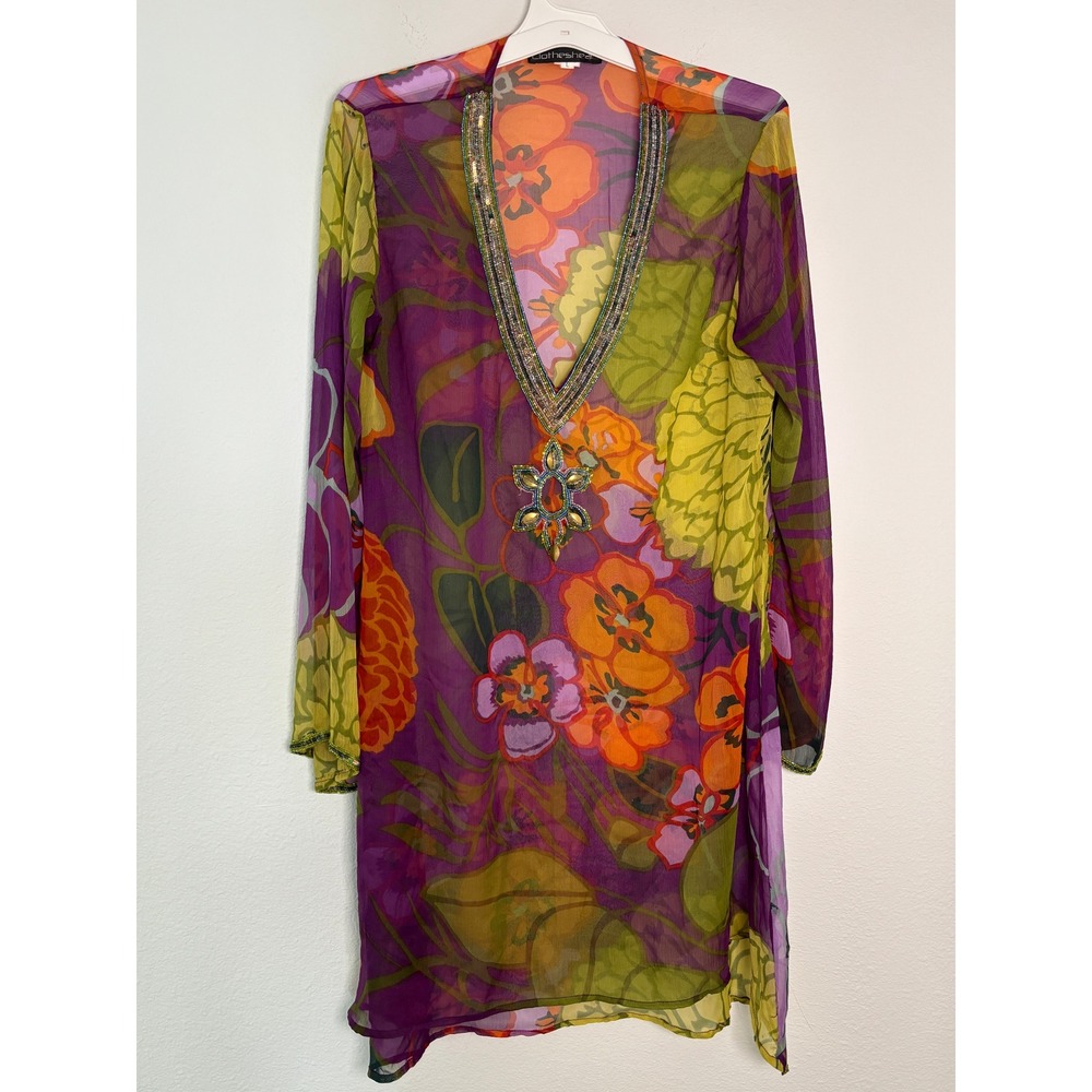 Clotheshead Floral Sheer Beaded Tunic Mini Dress Purple Orange Green Large